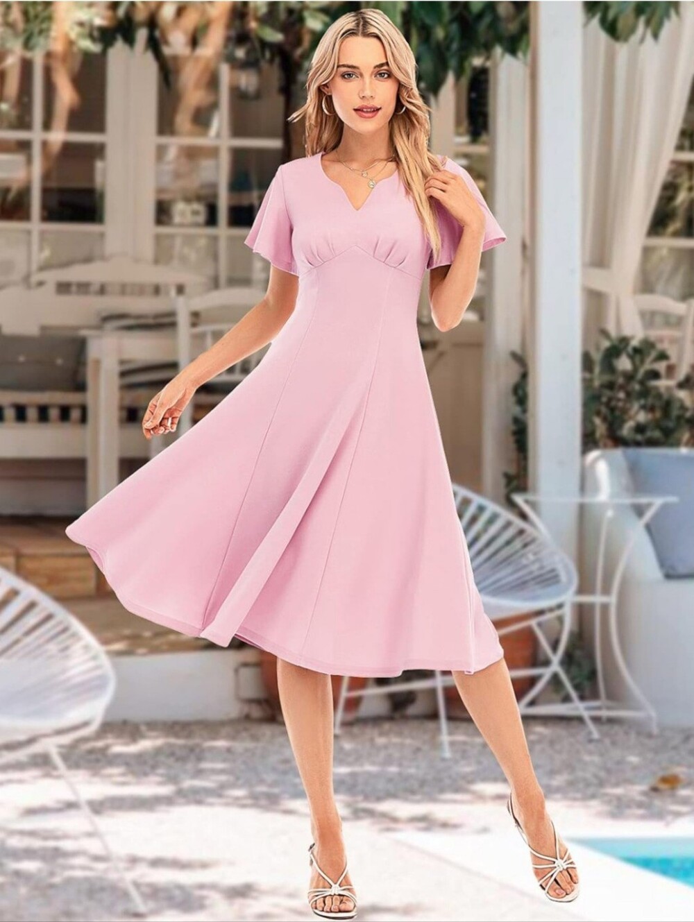 DressTells Soft Pink V-Neck Fit & Flare Dress Ladoes Size Small